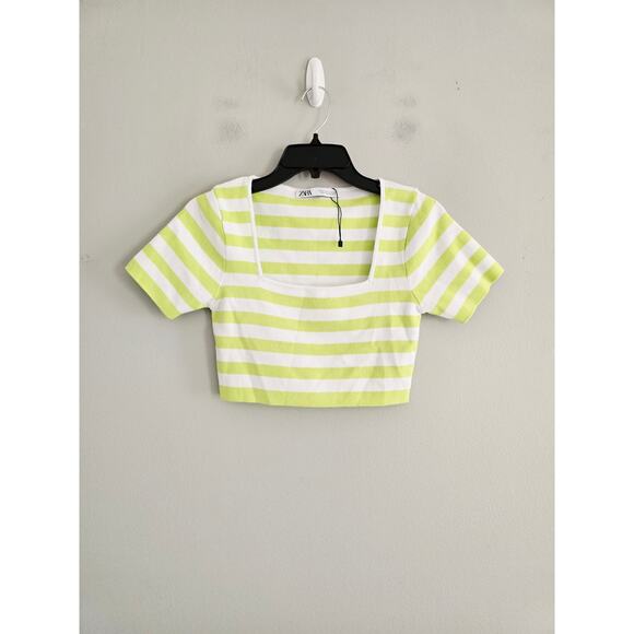 Zara Green White Striped Crop Top M - Picture 3 of 4